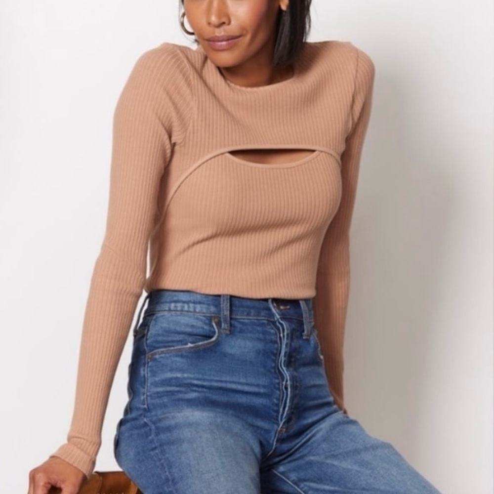 AGOLDE Lyza Cut Out Ribbed Shirt Size Small Tan